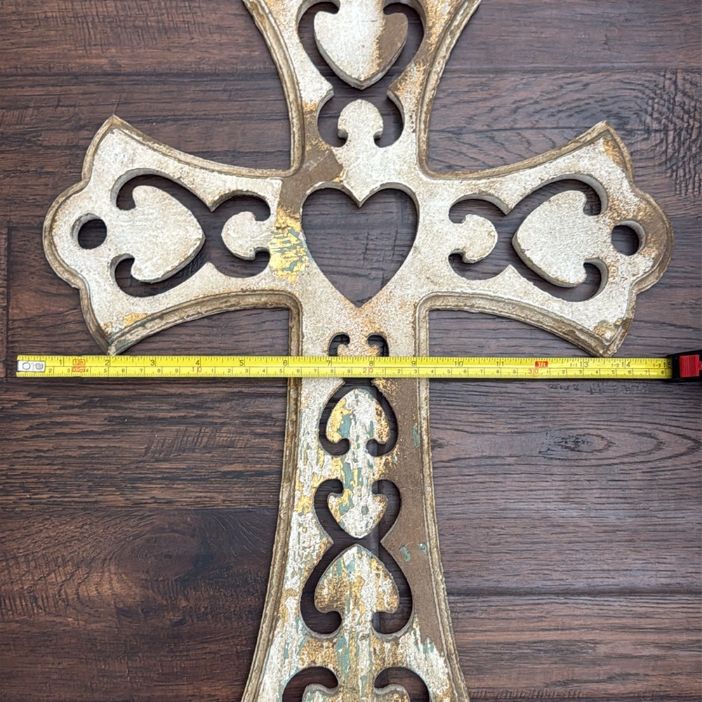 Rustic Wooden Cross with hints of cream, brown, gold and turquoise - Picture 6 of 8
